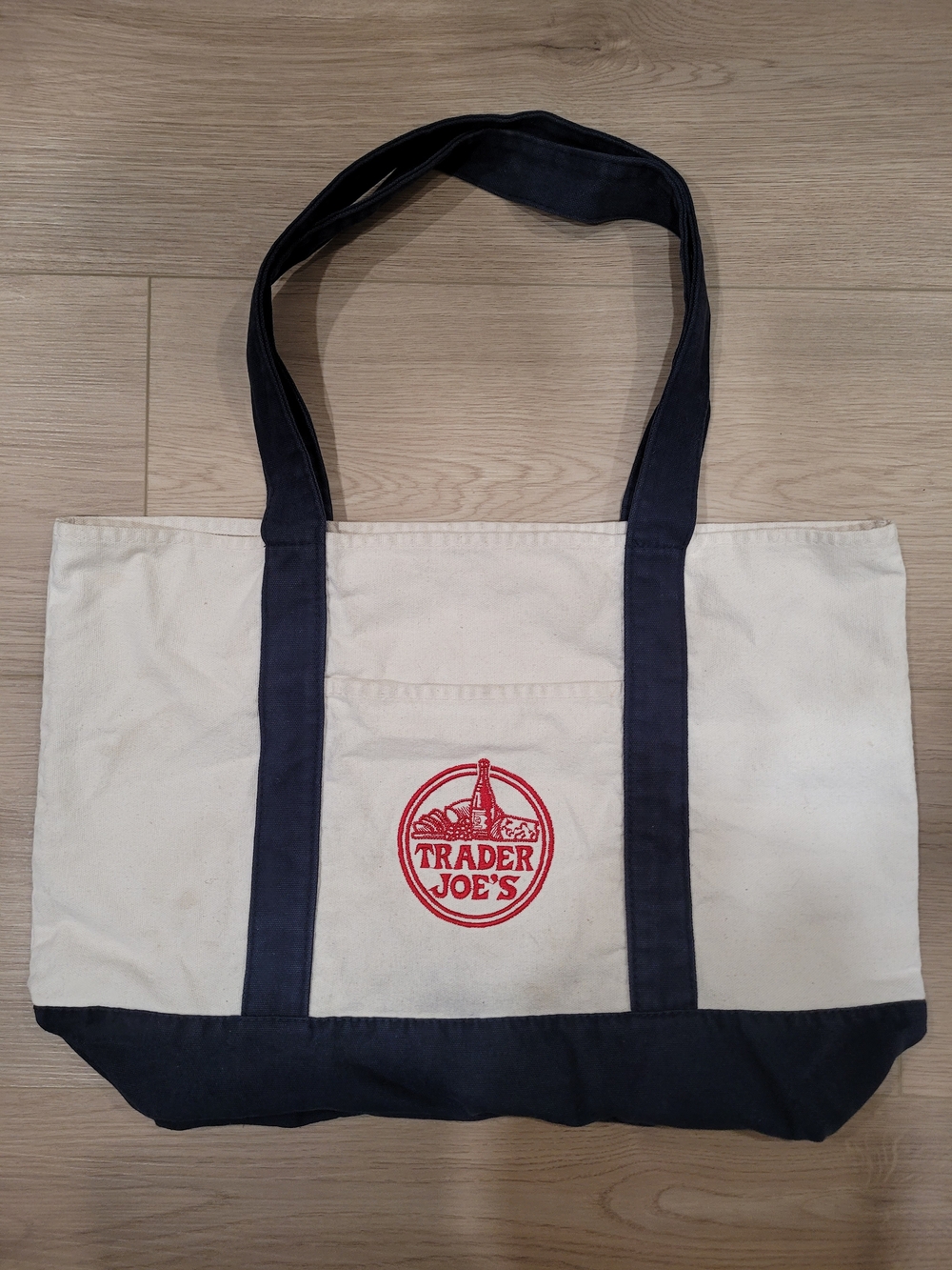 Trader Joes Cream and Navy Canvas Tote Bag M/L Size
